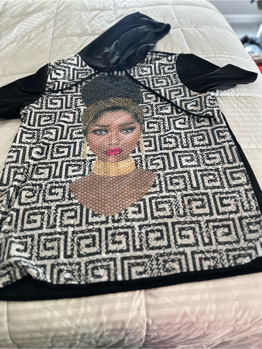 Black & White Sequin Graphic Hoodie with Portrait Detail